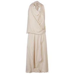 SILK95FIVE Elegant Draped Halter Neck Maxi Dress Women Beige Dresses